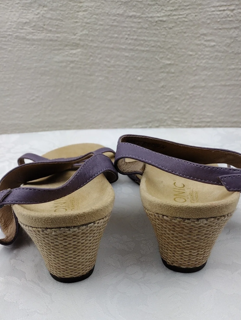 Vionic Orthaheel Catarina Leather Purple Studded Open Toe Slingback Wedge Sandal